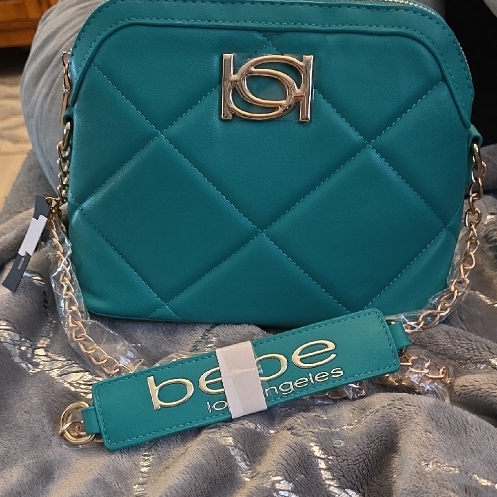 Bebe Turquoise Quilted Crossbody Bag with Gold Accents
